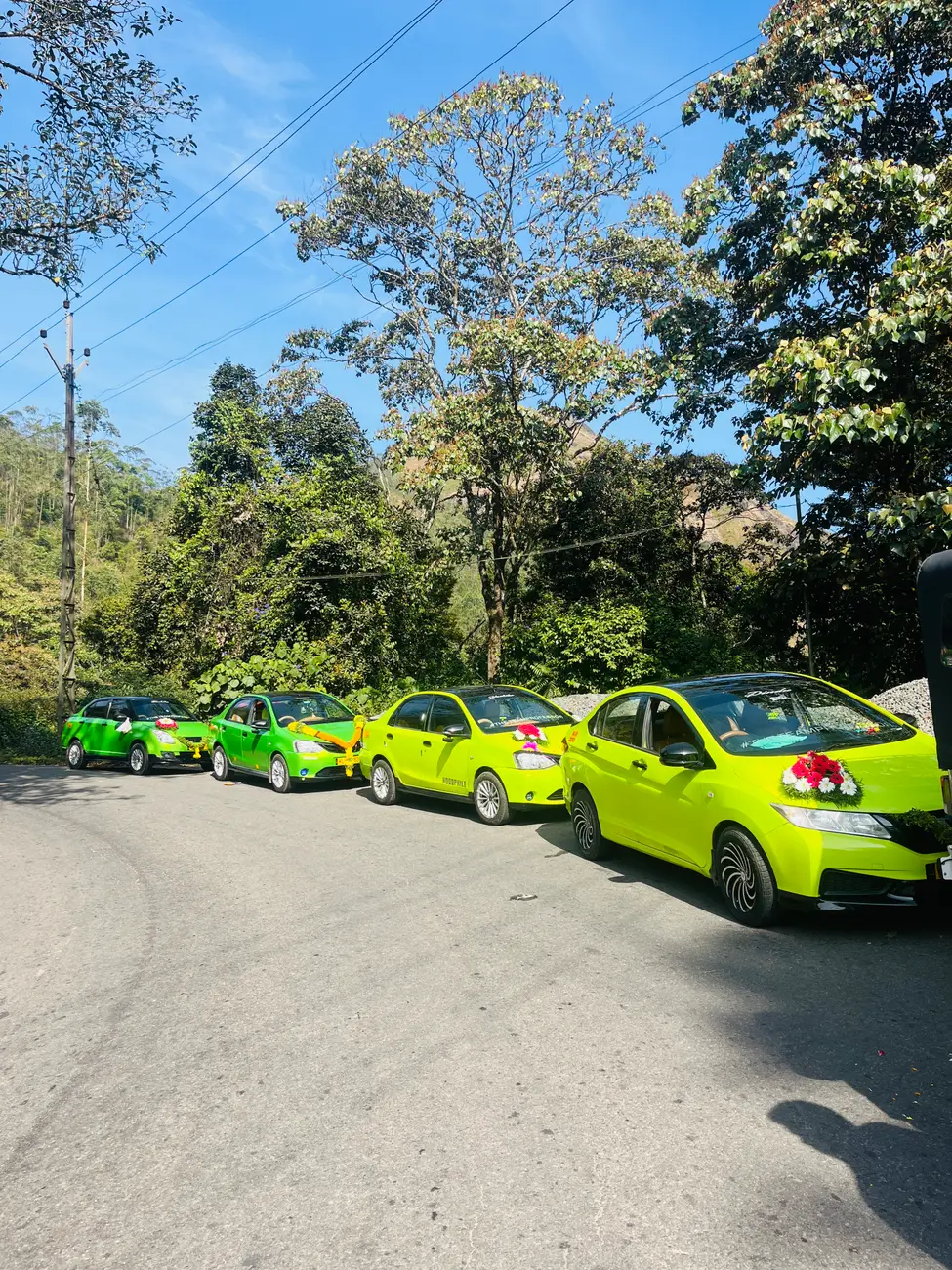 A decorated convoy of Munnar Trip Makers cabs lined up for a group trip