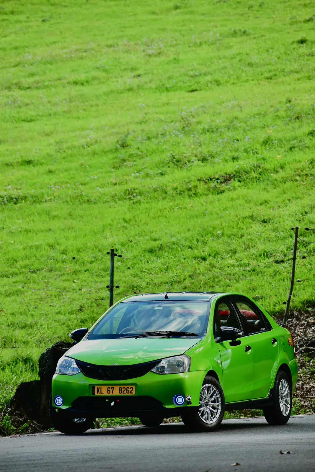 Munnar Trip Makers taxi parked below a tea-covered hillside